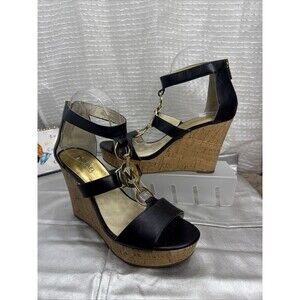 (E2) MICHAEL KORS Hyden Wedge Leather Sandals Sz US 8.5M Black 4” shoes heels
